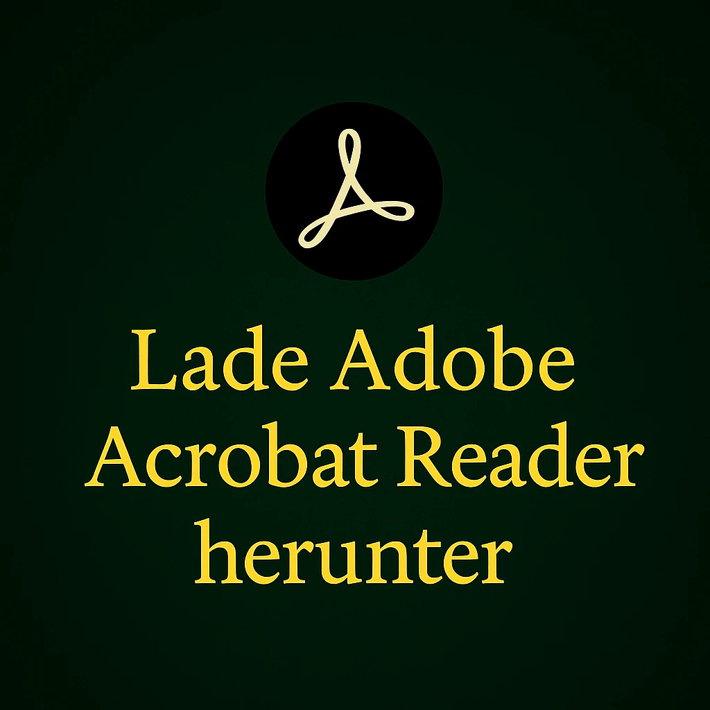 Symbolbild für Adobe Acrobat Reader mit der Aufschrift „Lade Adobe Acrobat Reader herunter“ auf dunklem Hintergrund.