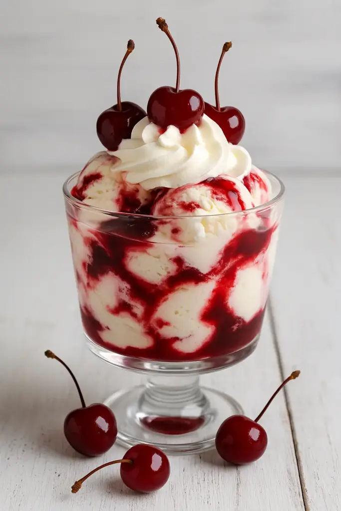 Amarenabecher mit Vanilleeis und Amarena-Kirschen Amarenabecher mit Vanilleeis, Amarena-Kirschen und Sahne in einem gläsernen Dessertbecher, garniert mit Waffel und Kirschsirup.
