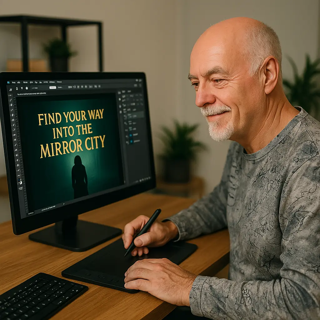 Tom beim Erstellen einer Webgrafik – Kreativer Prozess im digitalen Raum Tom sitzt konzentriert vor dem Bildschirm und gestaltet eine Webgrafik – ein Moment stiller Kreativität und digitaler Handwerkskunst