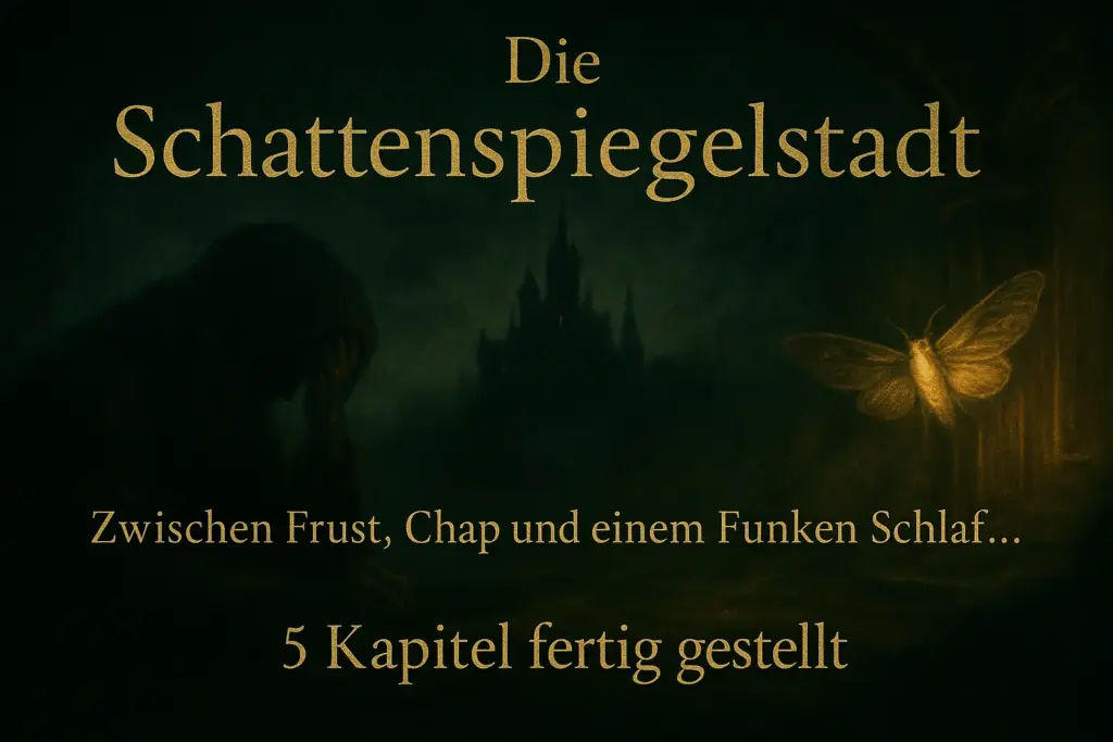 Mystisches Fortschrittsbild zur „Schattenspiegelstadt“ mit Kapuze, Schloss und goldener Motte – 5 Kapitel fertiggestellt