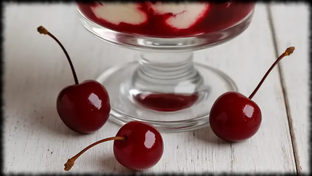 Amarenabecher mit Vanilleeis, Amarena-Kirschen und Sahne in einem gläsernen Dessertbecher