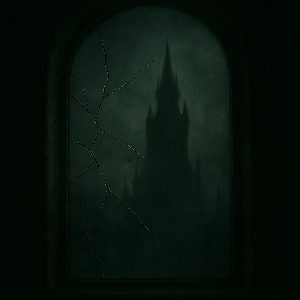 Düsterer Blick durch ein zersprungenes Fenster auf eine ferne, mystische Stadt – der Zersprungene nur schemenhaft erkennbar.