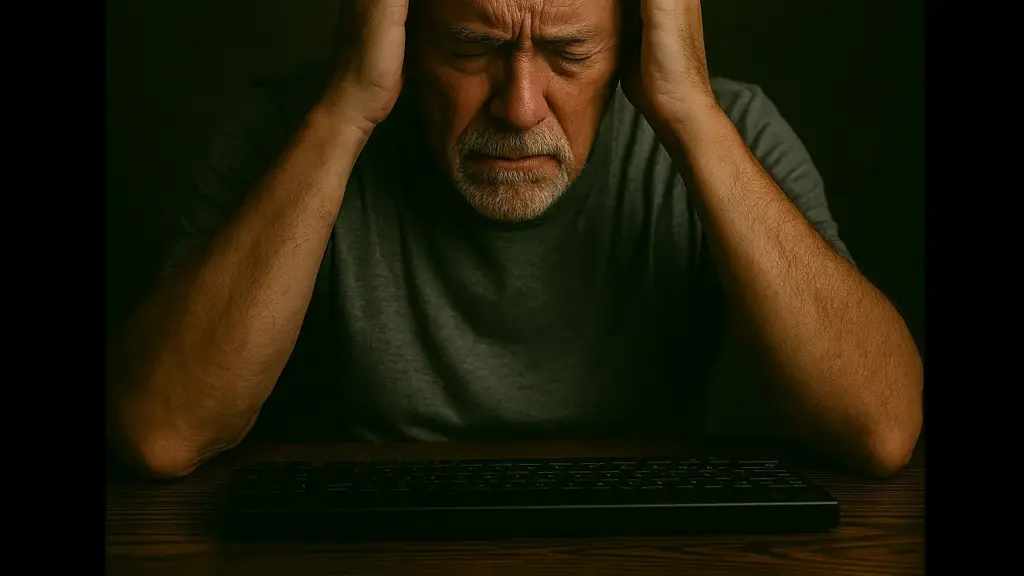 Nervenbelastung am Schreibtisch – digitaler Frustmoment Ein älterer Mann mit grauem T-Shirt sitzt erschöpft vor einer Computertastatur und hält sich den Kopf – symbolisiert Überforderung oder Frustration beim Arbeiten am Computer.