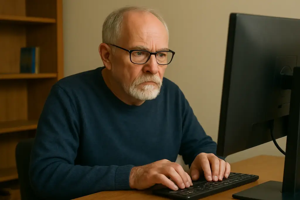 Autor Tom am Schreibtisch vor dem Bildschirm – konzentriert und fokussiert Älterer Mann ohne Mütze arbeitet konzentriert am Computer in einem gemütlichen Raum.