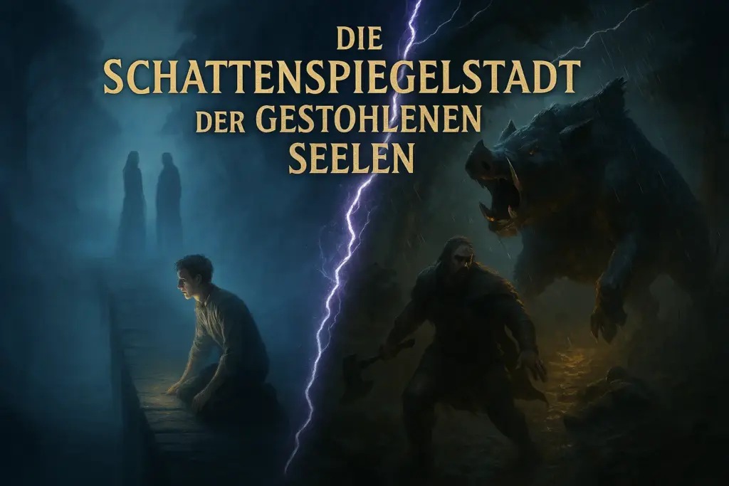 Konzeptbild zur Schattenspiegelstadt der gestohlenen Seelen Zweiteiliges, düsteres Fantasy-Bild zur „Schattenspiegelstadt der gestohlenen Seelen“: Links kniet ein junger Mann auf einem Steg im Nebel, im Hintergrund zwei schemenhafte Gestalten. Rechts eine bedrohliche Szene mit einem Krieger und einem riesigen, angreifenden Schatten-Eber im Regen. In der Mitte ein greller Blitzeinschlag.