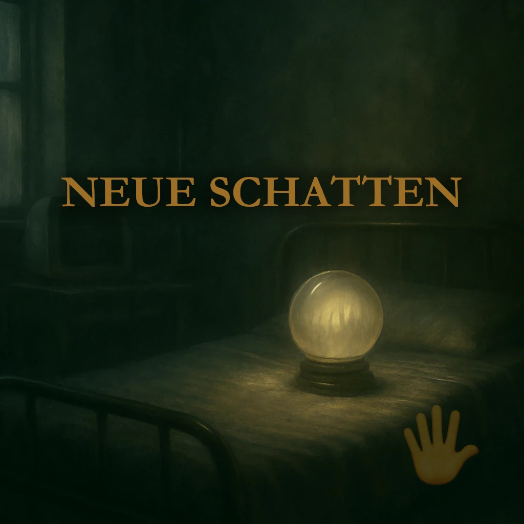 Kristallkugel auf altem Bett,Schriftzug "Neue Schatten" Kristallkugel-Szene aus dem Fantasyroman Schattenspiegelstadt