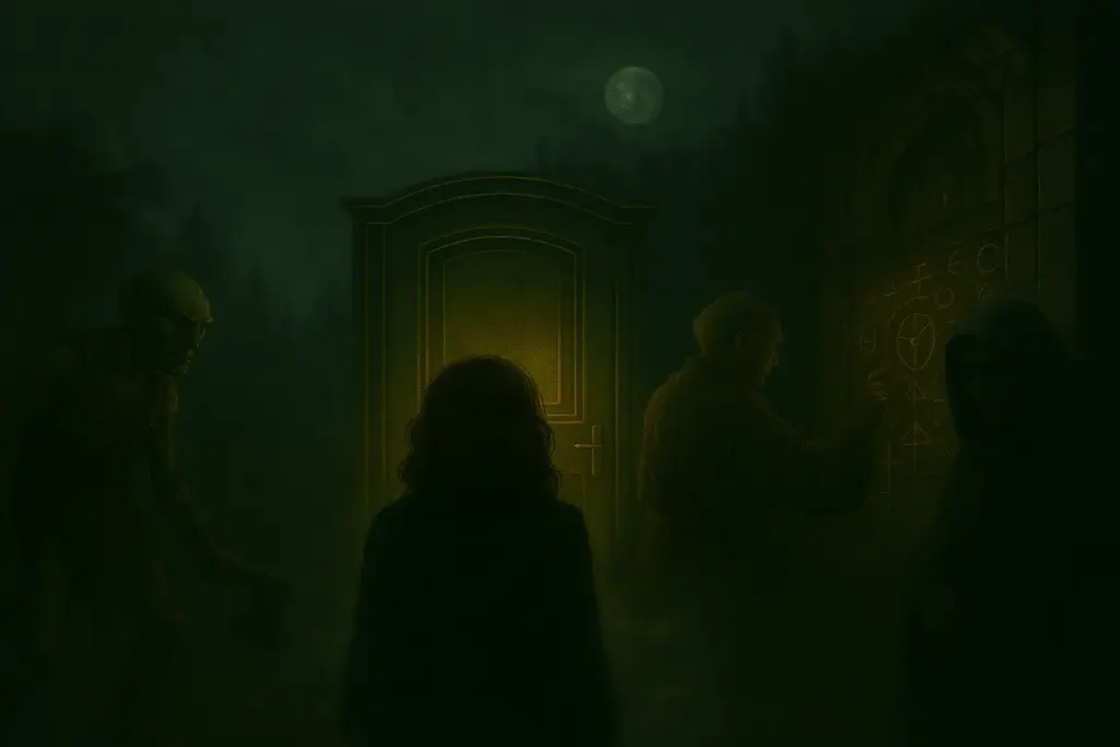 Banner Schattenspiegelstadt – Liana, Tür & Schattenseele Fantasy-Banner aus dem Roman Die Schattenspiegelstadt – Liana steht vor einer leuchtenden Tür, umgeben von dunklen Gestalten und einer alten Runenmauer.