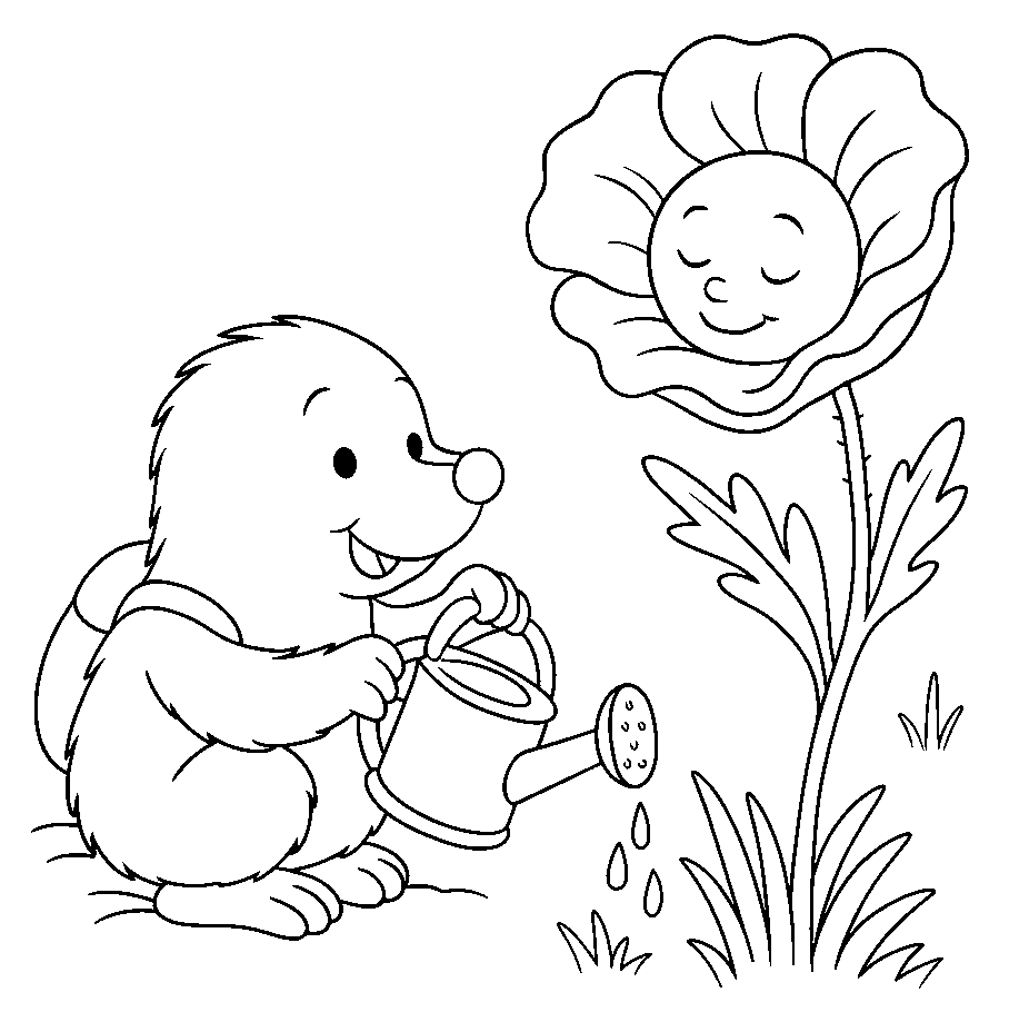 „Buddel-Tom gießt eine große Mohnblume mit freundlichem Gesicht – Ausmalbild“