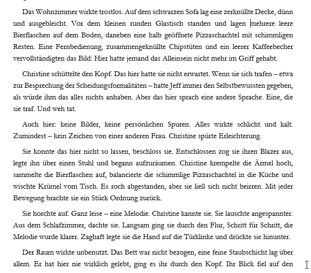 Romanauszug: Christine betritt ein verwahrlostes Wohnzimmer, räumt auf und folgt einer leisen Melodie – ein Moment zwischen Trostlosigkeit und Aufbruch.