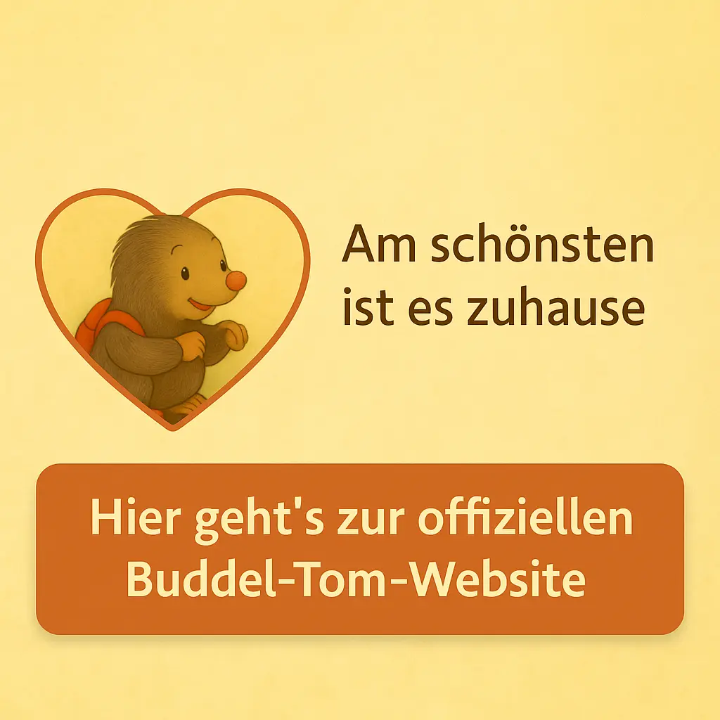 „Buddel-Tom sitzt im Herzsymbol – Button zur offiziellen Buddel-Tom-Website“