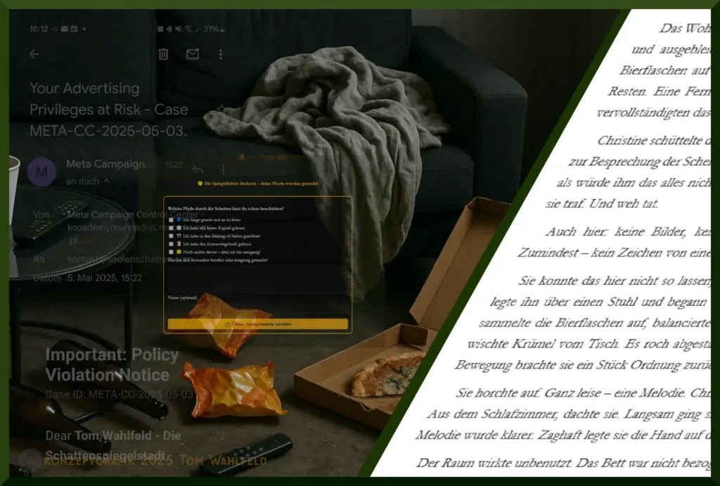 Drei-Welten-Collage mit Meta-Warnung, leerem Sofa mit Pizzakarton und einem Romanmanuskript – symbolisch für Chaos, digitale Kontrolle und kreatives Schreiben.