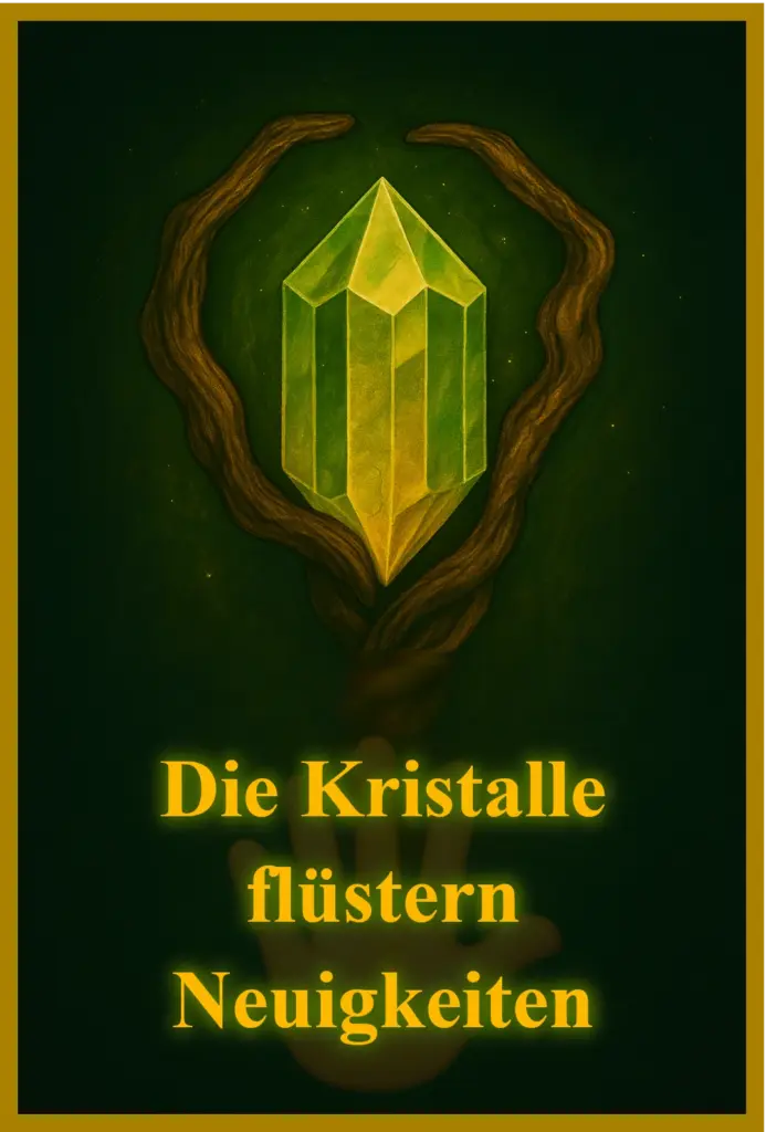 Gelber Kristallstab mit leuchtendem Kristall – Schriftzug: „Die Kristalle flüstern Neuigkeiten“, gestaltet als Newsletter-Button