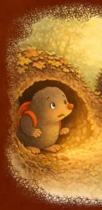 Illustration aus dem Kinderbuch „Die Abenteuer des kleinen Buddel-Tom“ – ein kleiner Maulwurf in seiner warmen Höhle.