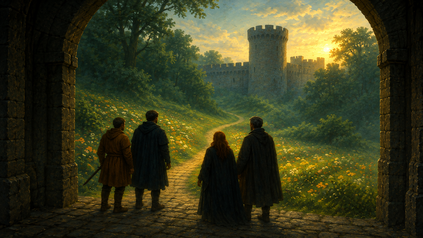 Vier Reisende stehen unter einem alten steinernen Torbogen und blicken auf einen Weg, der durch eine blühende Landschaft zu einem mittelalterlichen Schloss führt.