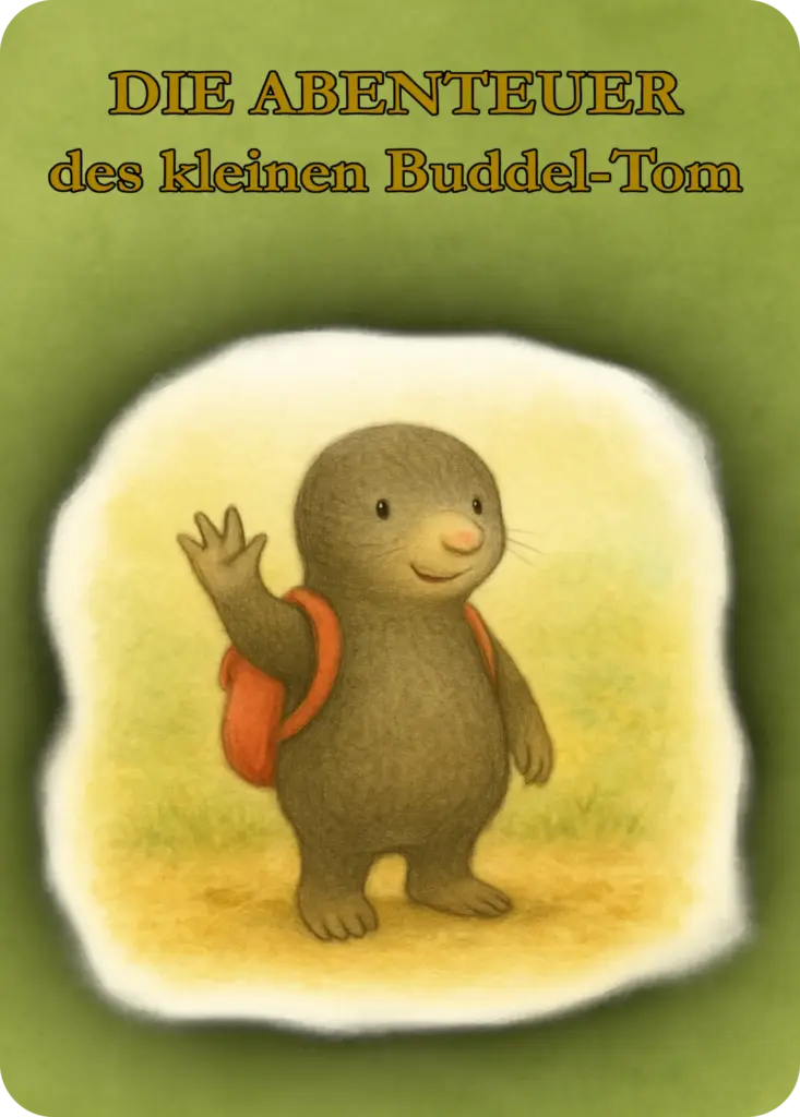 Buchcover „Die Abenteuer des kleinen Buddel-Tom“ – kleiner Maulwurf mit rotem Rucksack auf grünem Hintergrund.