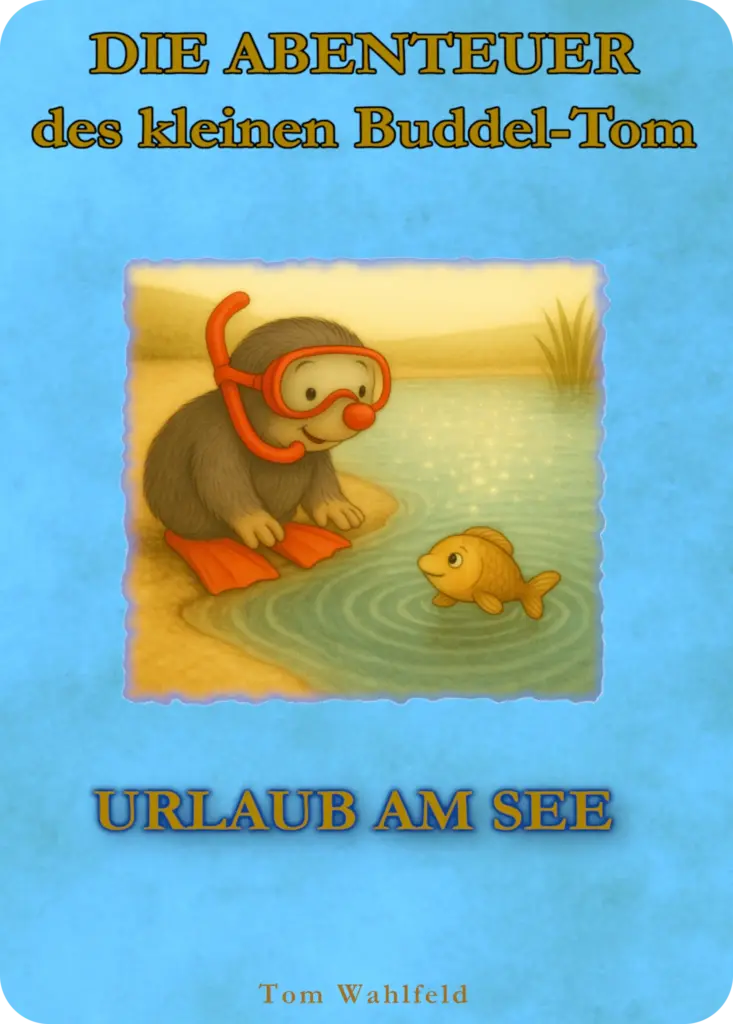 Buchcover „Urlaub am See“ – Buddel-Tom mit Taucherbrille, Schnorchel und Schwimmflossen begegnet einem kleinen Fisch am See.
