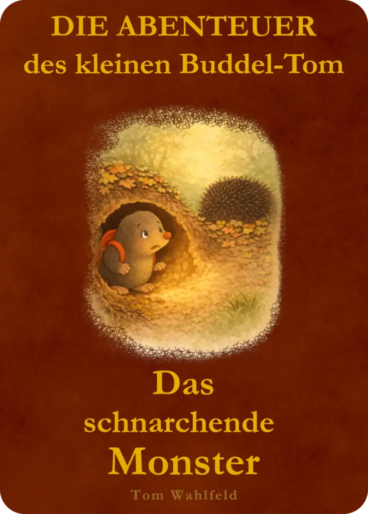 Buchcover „Das schnarchende Monster“ – Buddel-Tom schaut vorsichtig aus seinem Maulwurfsbau und entdeckt einen Igel im herbstlichen Wald.