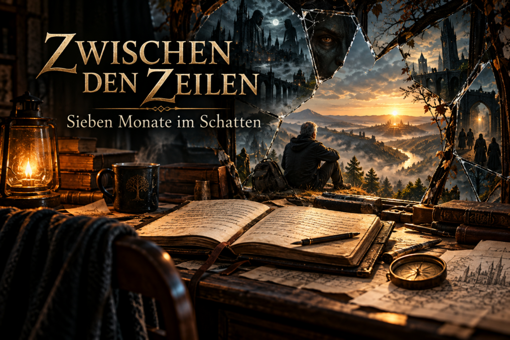 „Schreibtisch mit aufgeschlagenem Buch und zerbrochenem Spiegel – Zwischen den Zeilen, sieben Monate im Schatten“