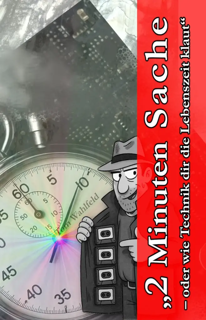 Buchcover „2 Minuten Sache“ von Tom Wahlfeld – Stoppuhr, technische Bauteile und eine gezeichnete Figur vor einem auffälligen roten Titelstreifen